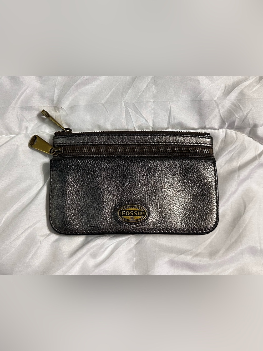 Fossil Explorer Metallic Bronze Leather Zip Pouch Wallet